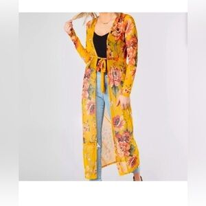 DAYTRIP sheer mustard yellow floral kimono